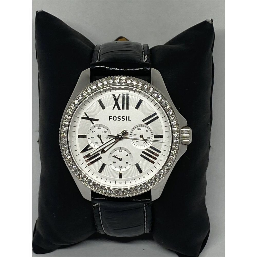 Fossil AM4481 Women's Black Leather Analog Silver Dial Quartz Wrist Watch WO28